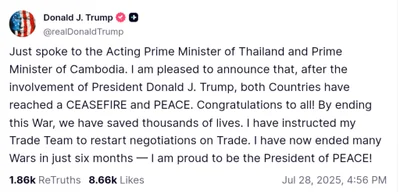 Trump Claims Credit for Cambodia-Thailand Ceasefire, Declares Himself 'President of PEACE'