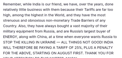 Trump Imposes 25% Tariff on India Over Trade Barriers and Russian Ties