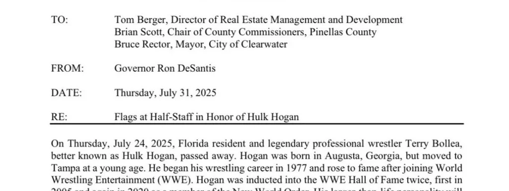 Florida Governor Ron DeSantis Proclaims August 1, 2025, as Hulk Hogan Day to Honor Wrestling Icon