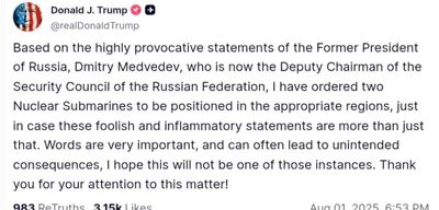 Trump Deploys Two Nuclear Submarines Near Russia Following Medvedev's Provocative Remarks