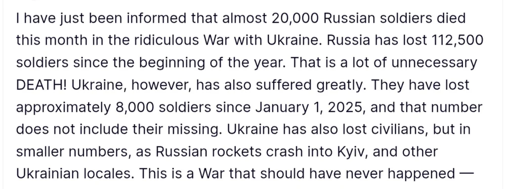 Trump Reports 20,000 Russian Soldiers Killed in October, Totaling 112,000 This Year