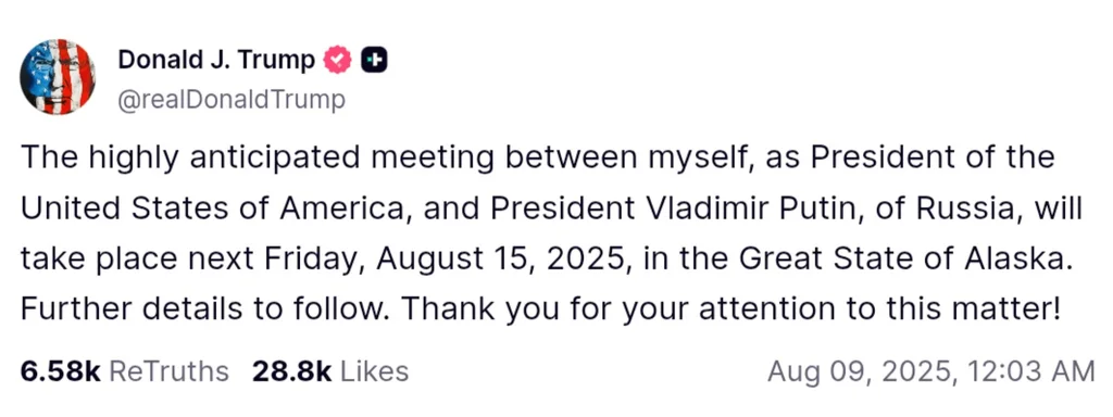 Trump to Meet Putin in Alaska on August 15, Raising Tensions Ahead of Talks