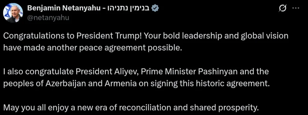 Netanyahu Celebrates Historic Peace Agreement Between Azerbaijan and Armenia, Thanks Trump
