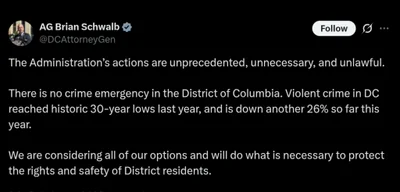 DC Attorney General Slams Administration's Actions as 'Unprecedented' Amid Historic Crime Decline