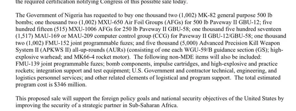 U.S. Approves $346M Arms Sale to Nigeria to Strengthen Counterterrorism Efforts