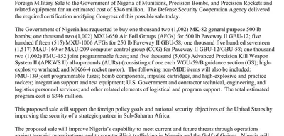 U.S. Approves $346M Arms Sale to Nigeria to Strengthen Counterterrorism Efforts