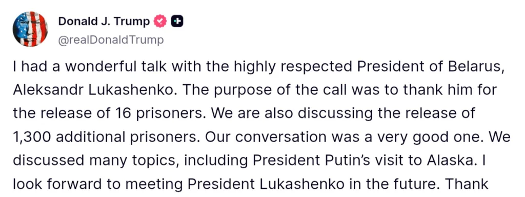 Trump Hails Belarus’ Lukashenko for Prisoner Releases, Eyes Future Talks on Putin’s Alaska Visit