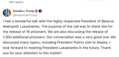 Trump Hails Belarus’ Lukashenko for Prisoner Releases, Eyes Future Talks on Putin’s Alaska Visit