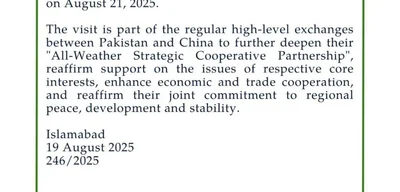 Breaking: Chinese Foreign Minister Wang Yi Visits Pakistan on August 21