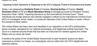 Breaking: US Sanctions Four ICC Judges Over US-Israel Probes