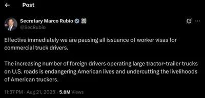 Breaking: Rubio Halts All Truck Driver Visas, Citing Urgent Risks