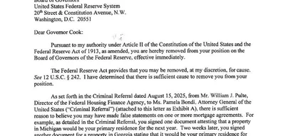 Trump Orders Federal Reserve Shake-Up, Ousting Governor Cook Amid Fraud Claims