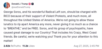 Trump Calls for RICO Charges Against Soros Over Protest Violence