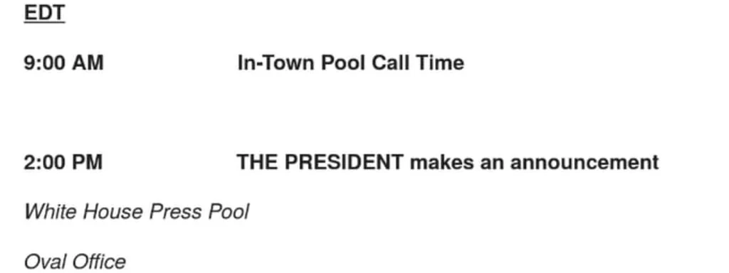 President Trump to Make Major Announcement at 2 PM EDT Today