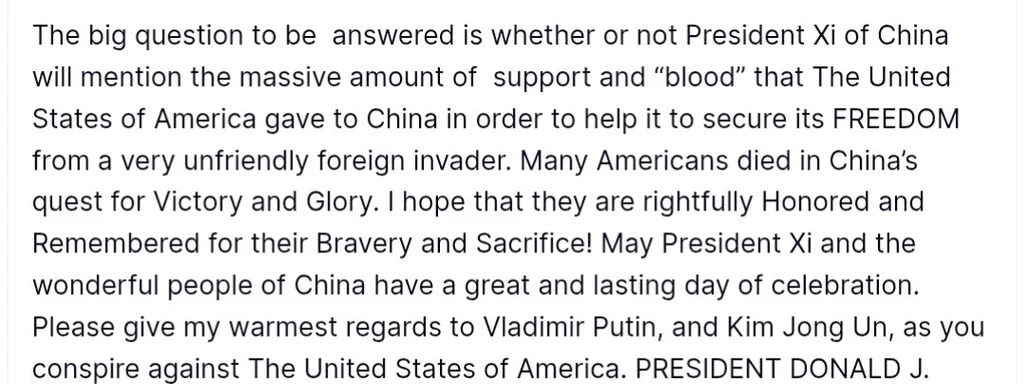 Trump Urges Xi to Honor American Sacrifice During China Celebrations