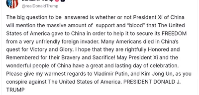 Trump Urges Xi to Honor American Sacrifice During China Celebrations