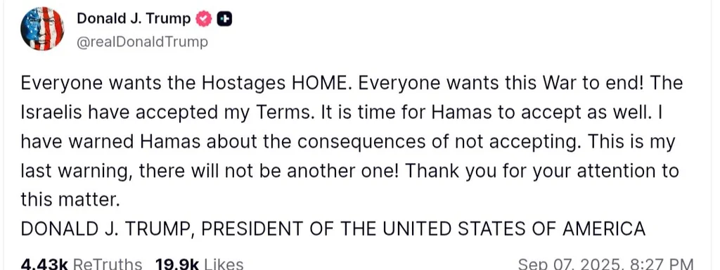 Featured image for: Trump Issues Final Warning to Hamas as Israel Accepts Peace Terms Trump Issues Final Warning to Hamas as Israel Accepts Peace Terms