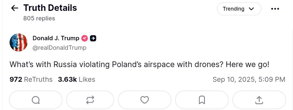 Featured image for: Trump Condemns Russia for Drone Incursions Over Poland Airspace Trump Condemns Russia for Drone Incursions Over Poland Airspace