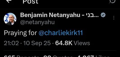 Netanyahu Offers Prayers for Conservative Commentator Charlie Kirk