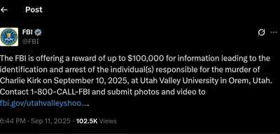 FBI Offers $100K Reward for Leads in Charlie Kirk's Murder