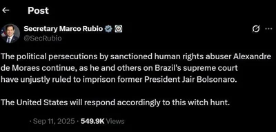 Rubio Slams Brazil's Court Ruling, Vows US Action on Bolsonaro Imprisonment