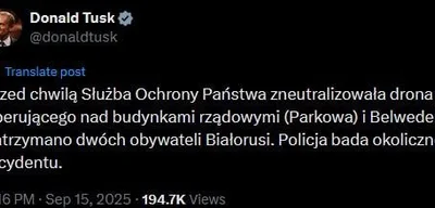 Polish President Donald Tusk reports drone shot down, two Belarus citizens arrested