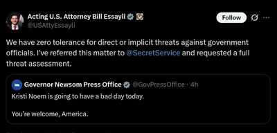 Acting U.S. Attorney Bill Essayli refers threat against Kristi Noem to Secret Service