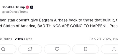 Trump warns of consequences if Afghanistan does not return Bagram Airbase