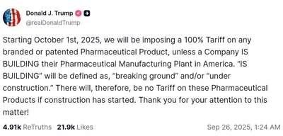 Trump announces 100% tariff on pharmaceutical products starting October 1, 2025