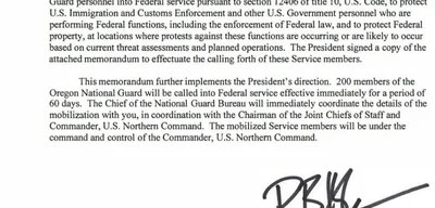 US Secretary of War orders federalization of 200 Oregon National Guard members