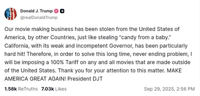 Trump to impose 100% tariff on all movies made outside the U.S.