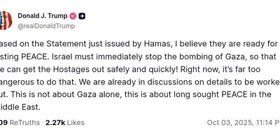 Trump calls for Israel to stop bombing Gaza for lasting peace