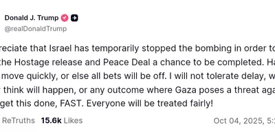Trump praises Israel's pause in bombing for hostage release and peace deal