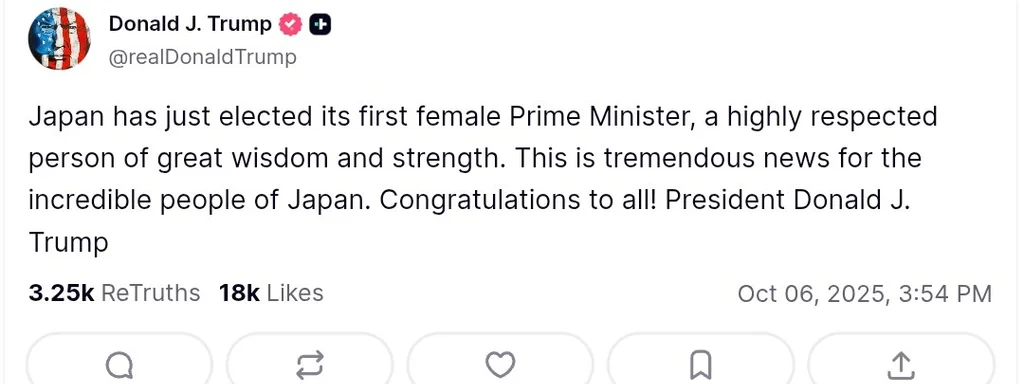 Japan elects its first female Prime Minister, says President Trump