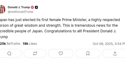 Japan elects its first female Prime Minister, says President Trump