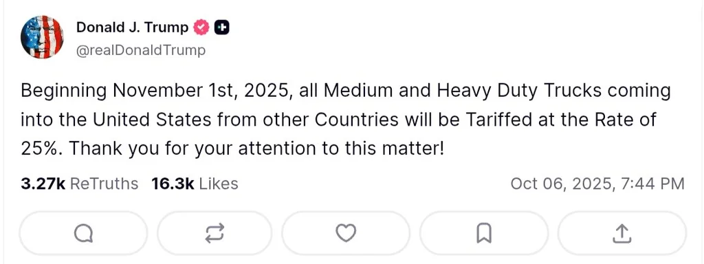 Trump announces 25% tariff on Medium and Heavy Duty Trucks from Nov 1, 2025