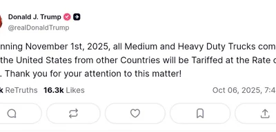 Trump announces 25% tariff on Medium and Heavy Duty Trucks from Nov 1, 2025