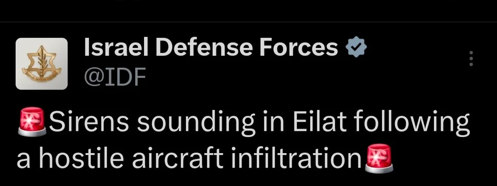 Sirens sound in Eilat due to hostile aircraft infiltration, IDF reports