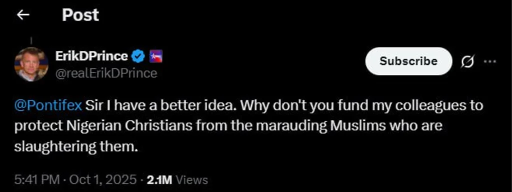 Erik Prince asks Vatican to fund PMC for Crusade against Boko Haram