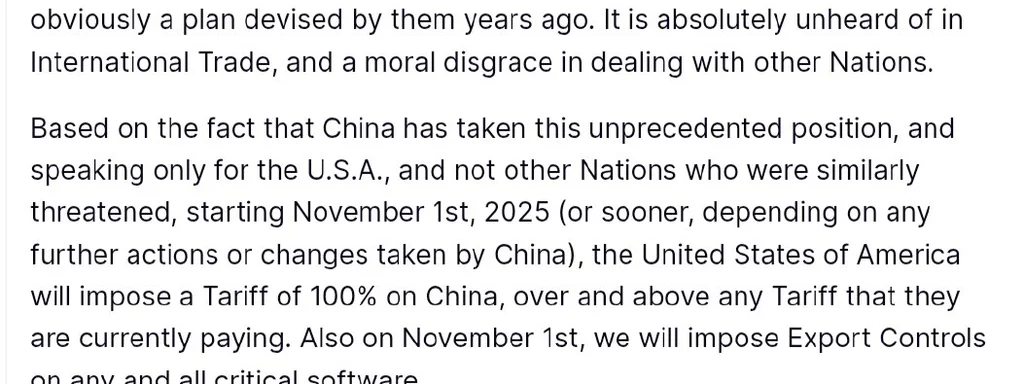 Trump imposes 100% tariffs on all Chinese imports starting November 1