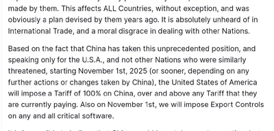 Trump imposes 100% tariffs on all Chinese imports starting November 1