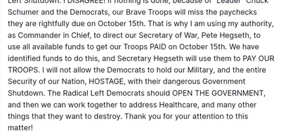 Trump directs military paychecks to be issued despite government shutdown