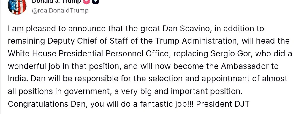 Dan Scavino appointed to head White House Presidential Personnel Office