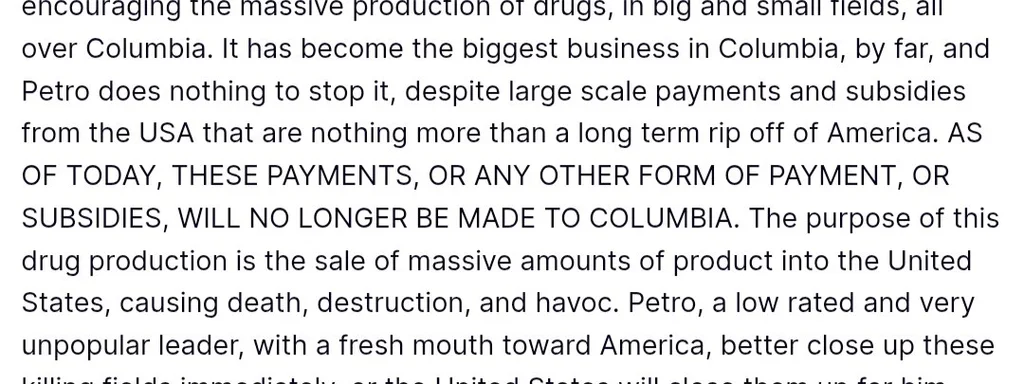 Trump Halts All US Aid to Colombia, Calls Petro 'Illegal Drug Dealer'