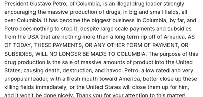 Trump Halts All US Aid to Colombia, Calls Petro 'Illegal Drug Dealer'