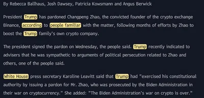Trump pardons convicted Binance Founder Changpeng Zhao (CZ)