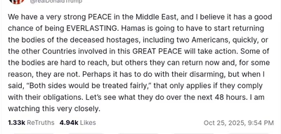 Trump demands Hamas return deceased hostages, including 2 Americans, in 48 hours