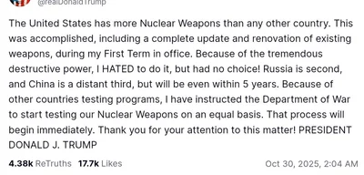 Trump instructs Department of War to begin nuclear weapons testing