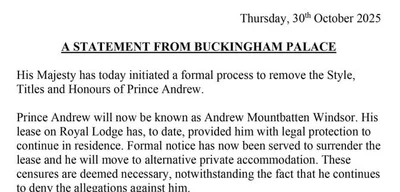 King Charles removes Prince Andrew's titles; he will now be Andrew Mountbatten Windsor