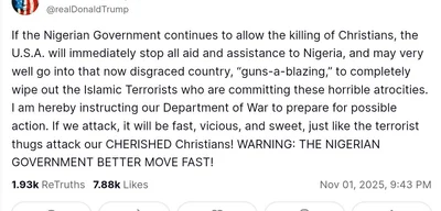 Trump threatens aid cuts to Nigeria and possible military action over violence against Christians